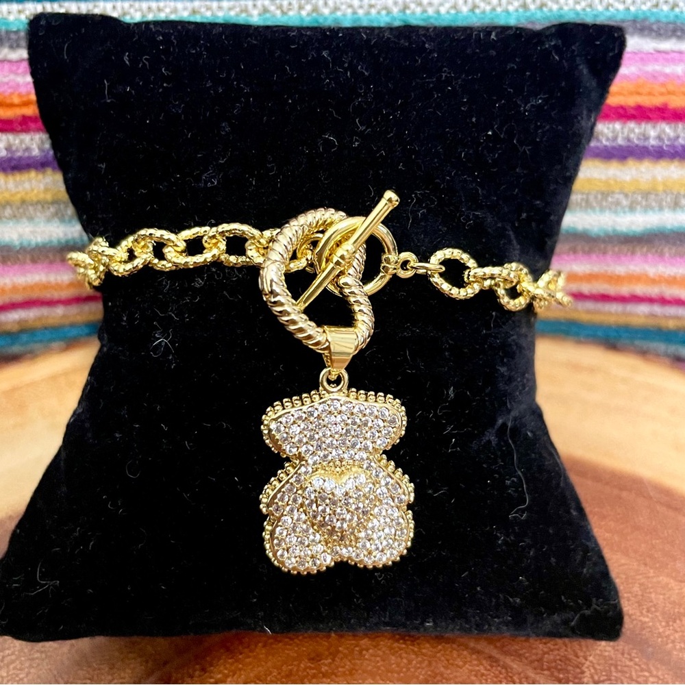 Gold Teddy Bear and Heart Charm Bracelet with Pave CZ accents NWOT